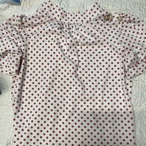 LIKE NEW. White w/ pink polka dots & pearl buttons. Professional women’s top